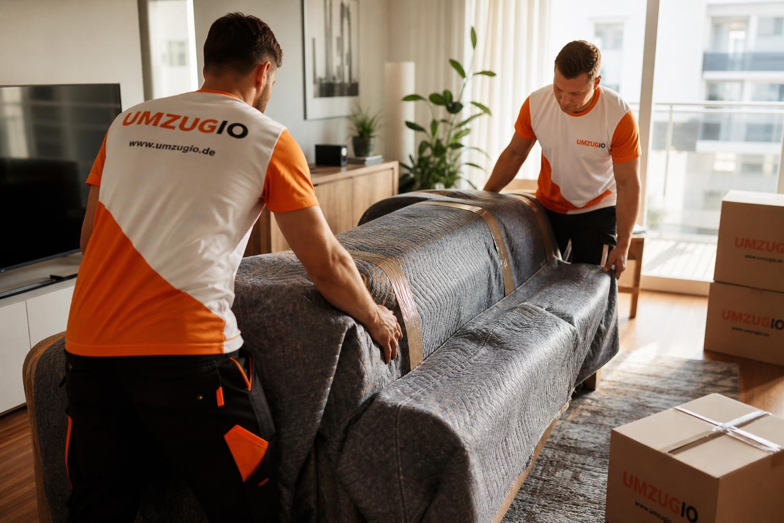 UMZUGIO Mitarbeiter beim Verpacken eines Sofas
